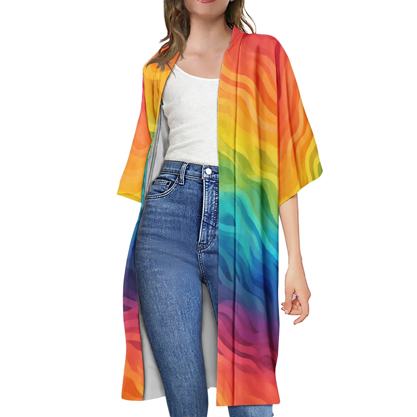 Rainbow Pride LGBTQ Knee-Length Open Front Comfortable Half Sleeve Cardigan Women