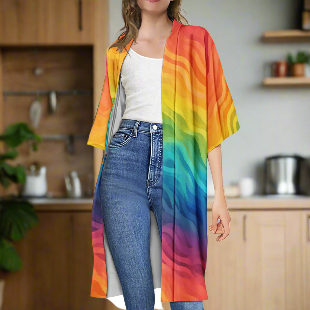 Rainbow Pride LGBTQ Knee-Length Open Front Comfortable Half Sleeve Cardigan