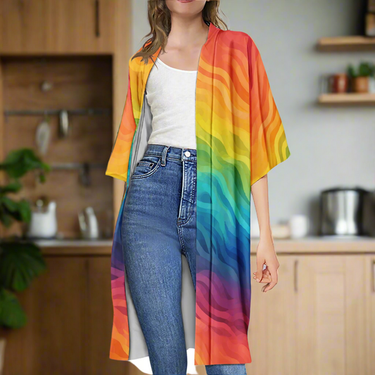 Rainbow Pride LGBTQ Knee-Length Open Front Comfortable Half Sleeve Cardigan