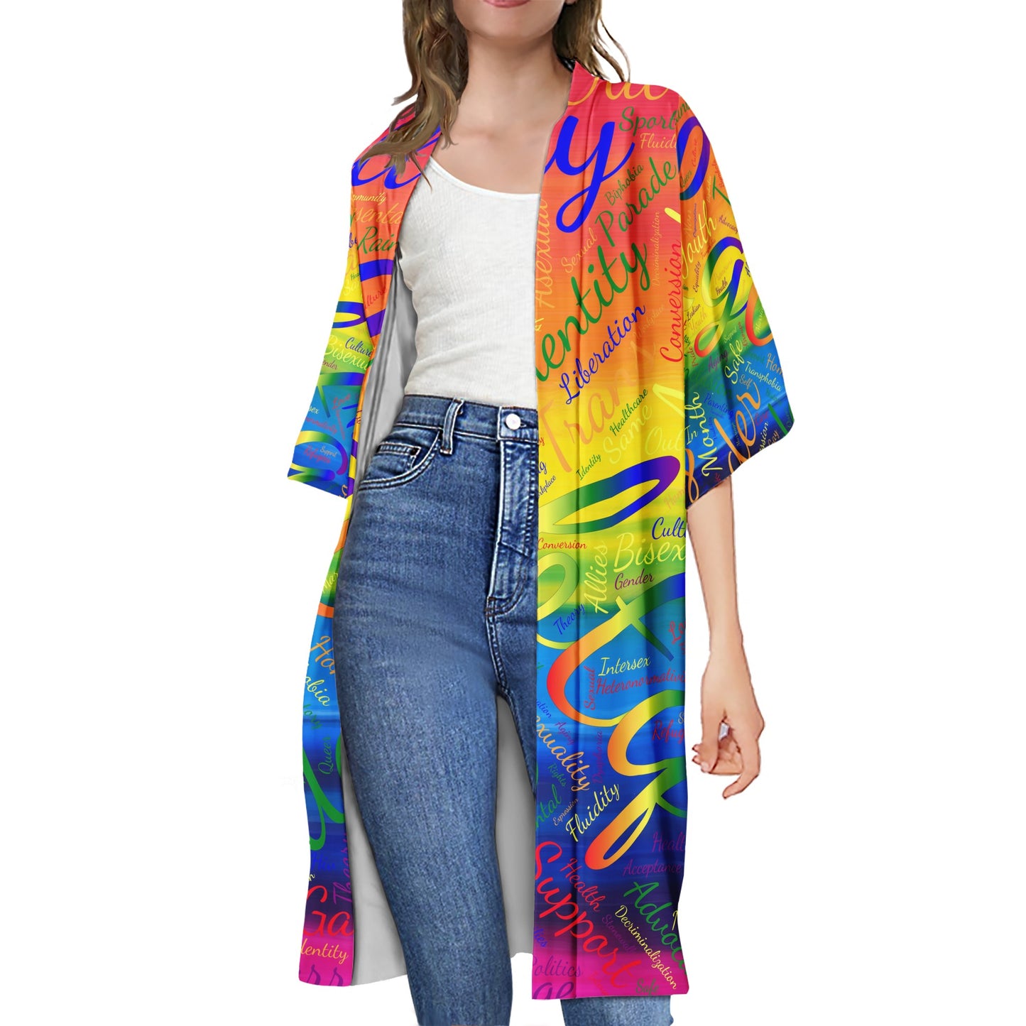 LGBTQ Word Cloud Half Sleeves Knee-length Open Front Cardigan Women