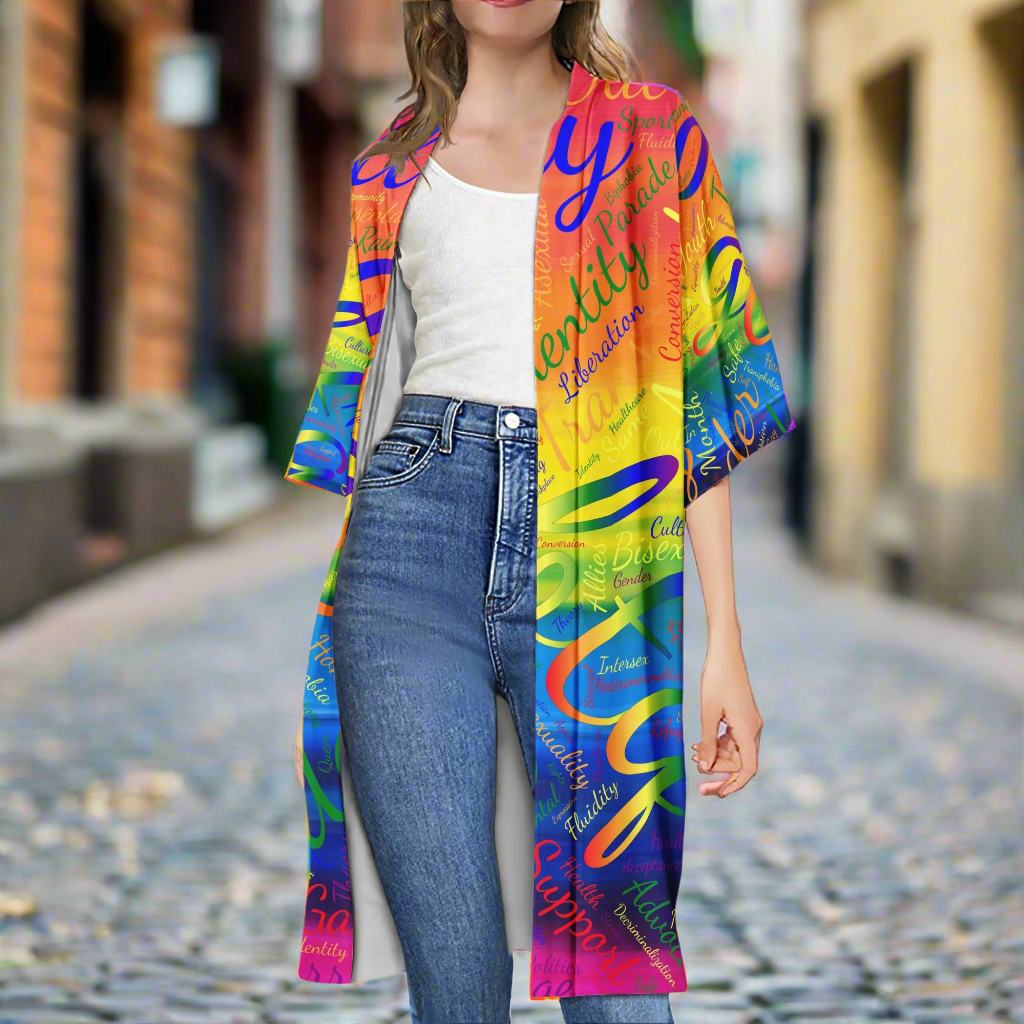 LGBTQ Word Cloud Half Sleeves Knee-length Open Front Cardigan