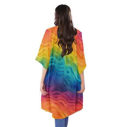 Rainbow Pride LGBTQ Knee-Length Open Front Comfortable Half Sleeve Cardigan