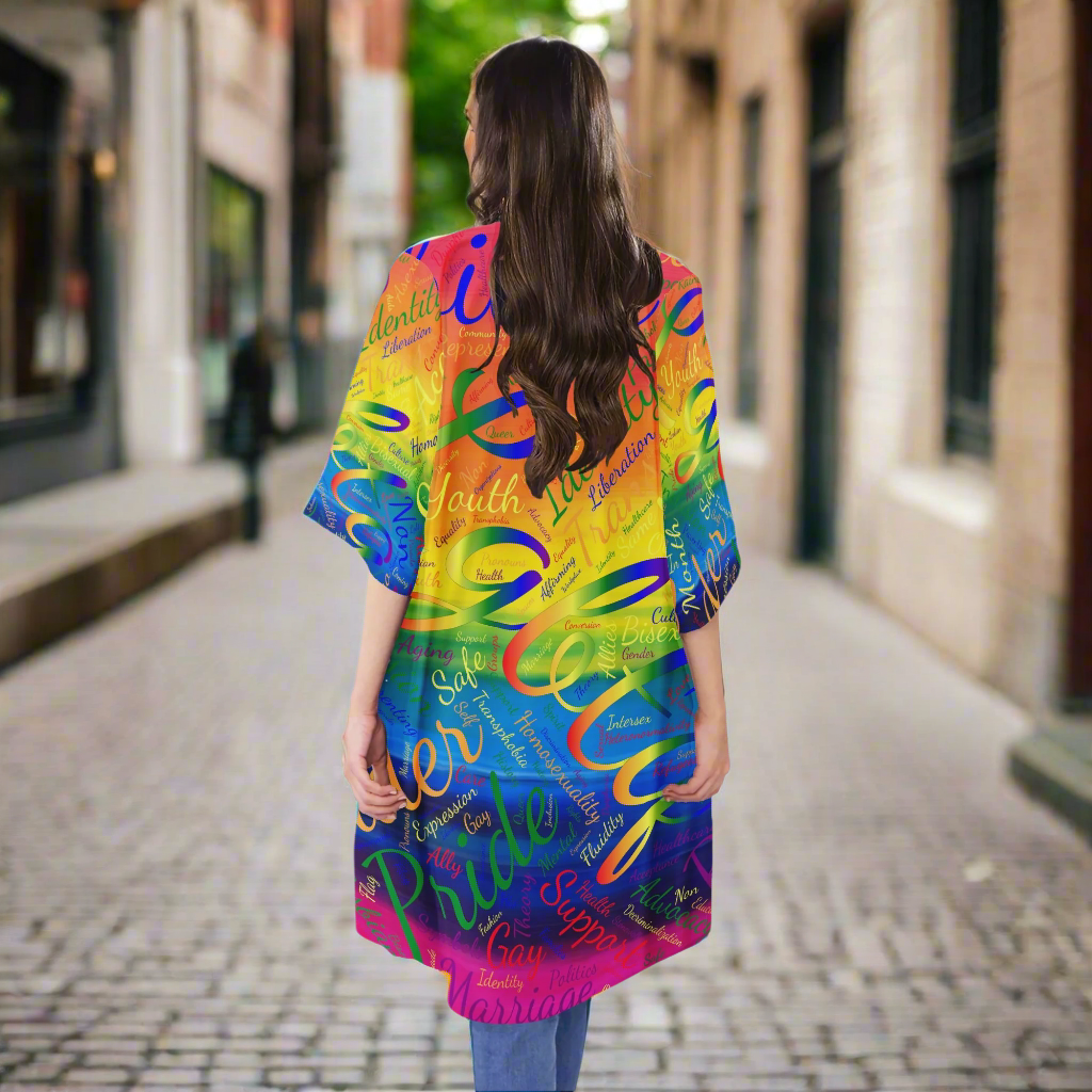 LGBTQ Word Cloud Half Sleeves Knee-length Open Front Cardigan