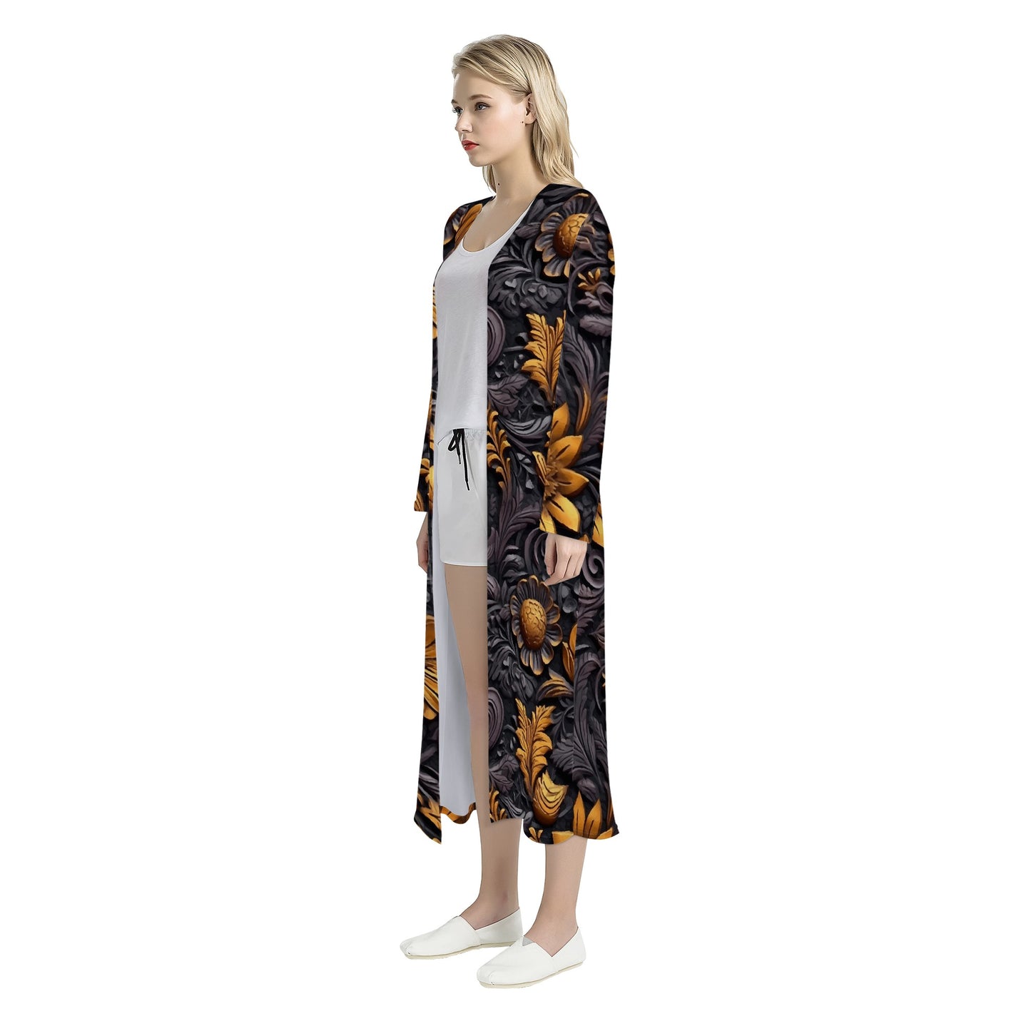 Gold Flowers Woodcut Women's Casual Long Open Front Cardigan