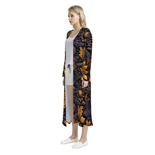 Gold Flowers Woodcut Women's Casual Long Open Front Cardigan
