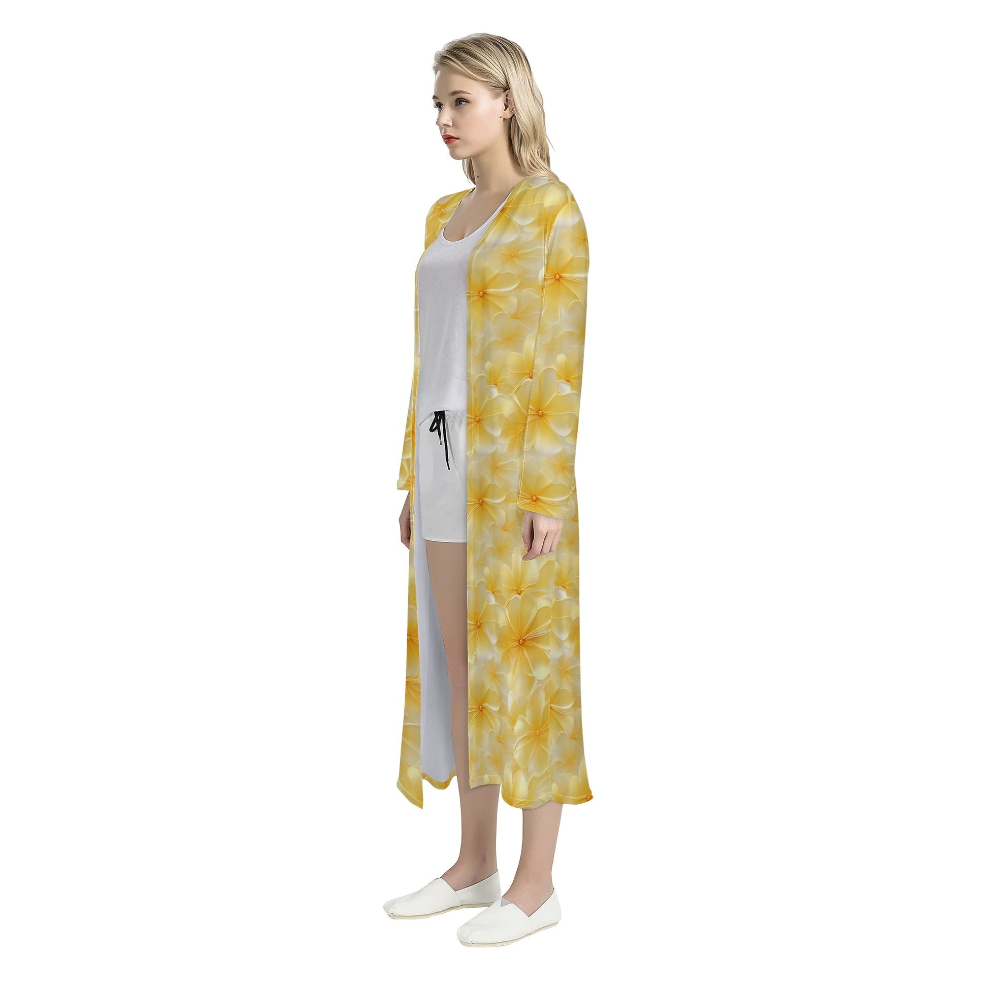 Yellow Plumeria Women's Casual Long Open Front Cardigan