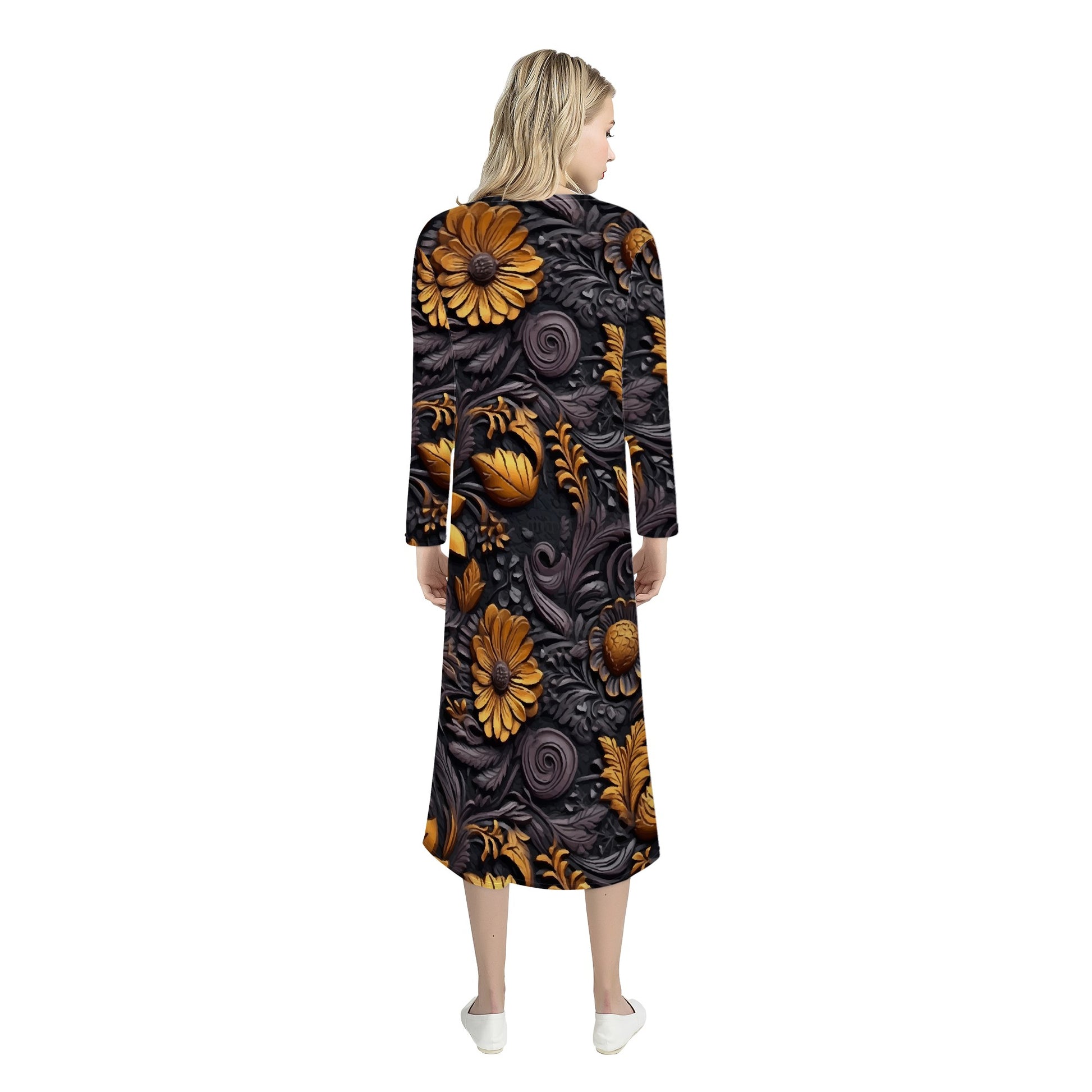 Gold Flowers Woodcut Women's Casual Long Open Front Cardigan