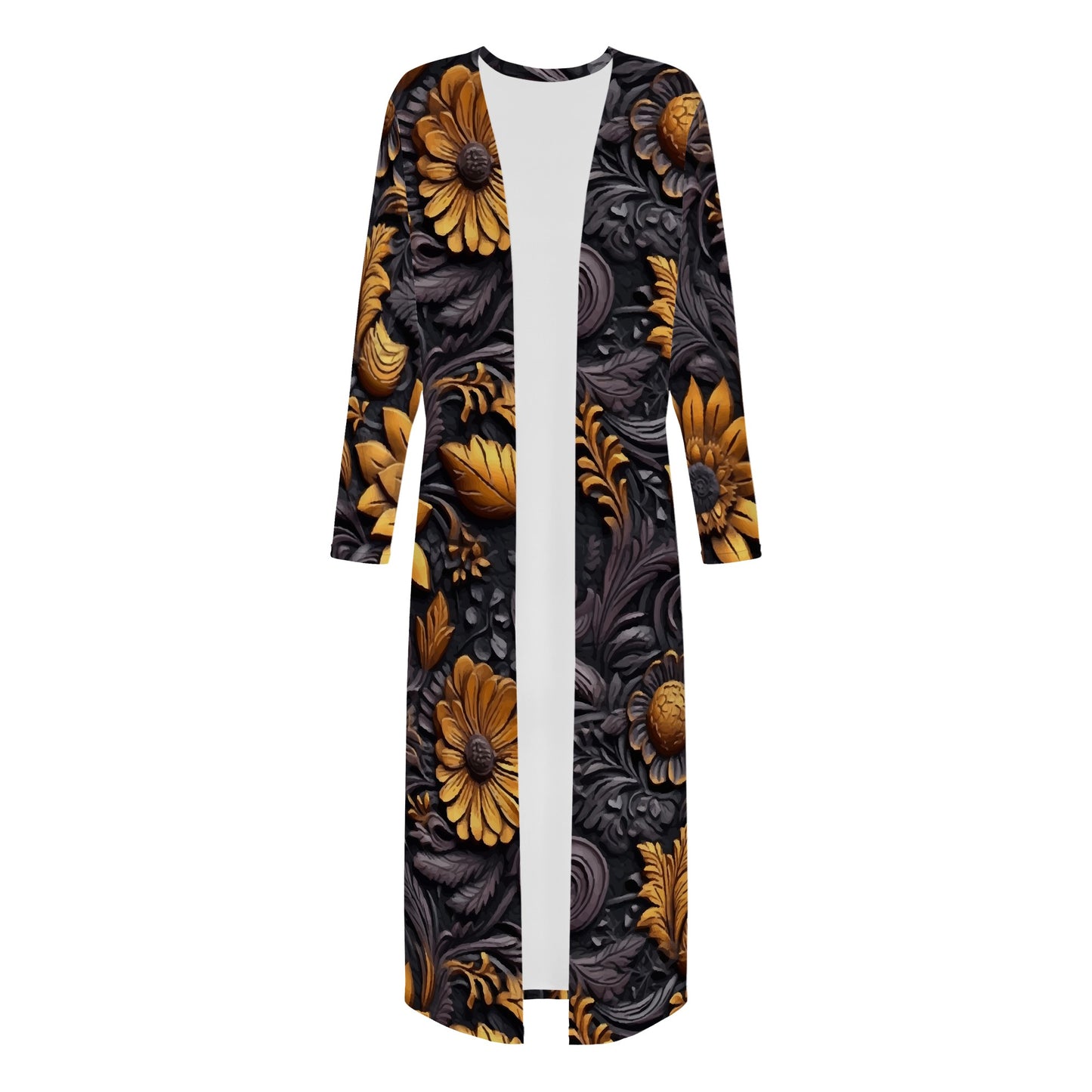 Gold Flowers Woodcut Women's Casual Long Open Front Cardigan
