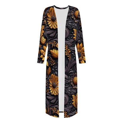 Gold Flowers Woodcut Women's Casual Long Open Front Cardigan
