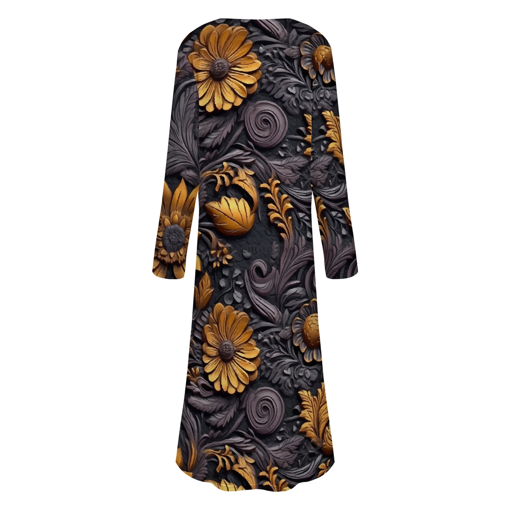 Gold Flowers Woodcut Women's Casual Long Open Front Cardigan