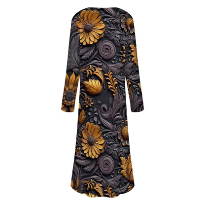 Gold Flowers Woodcut Women's Casual Long Open Front Cardigan