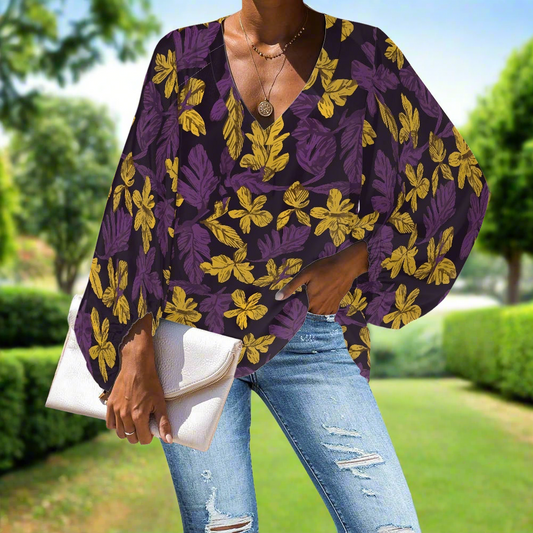Golden Leaves on Purple V-Neck Chiffon Puff Sleeve Blouse by Luxtrini