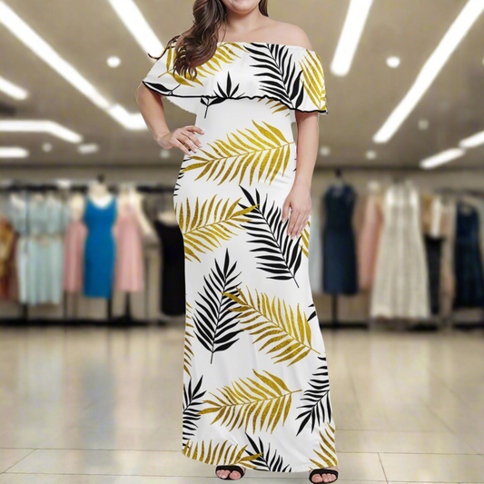 Black and Gold Palm Branch Women Off Shoulder Maxi Dress - Sizes up to 7XL