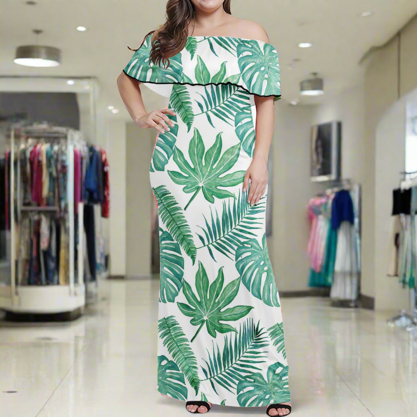 Palm and Monstera Leaf Green Women Off Shoulder Maxi Dress - Sizes up to 7XL