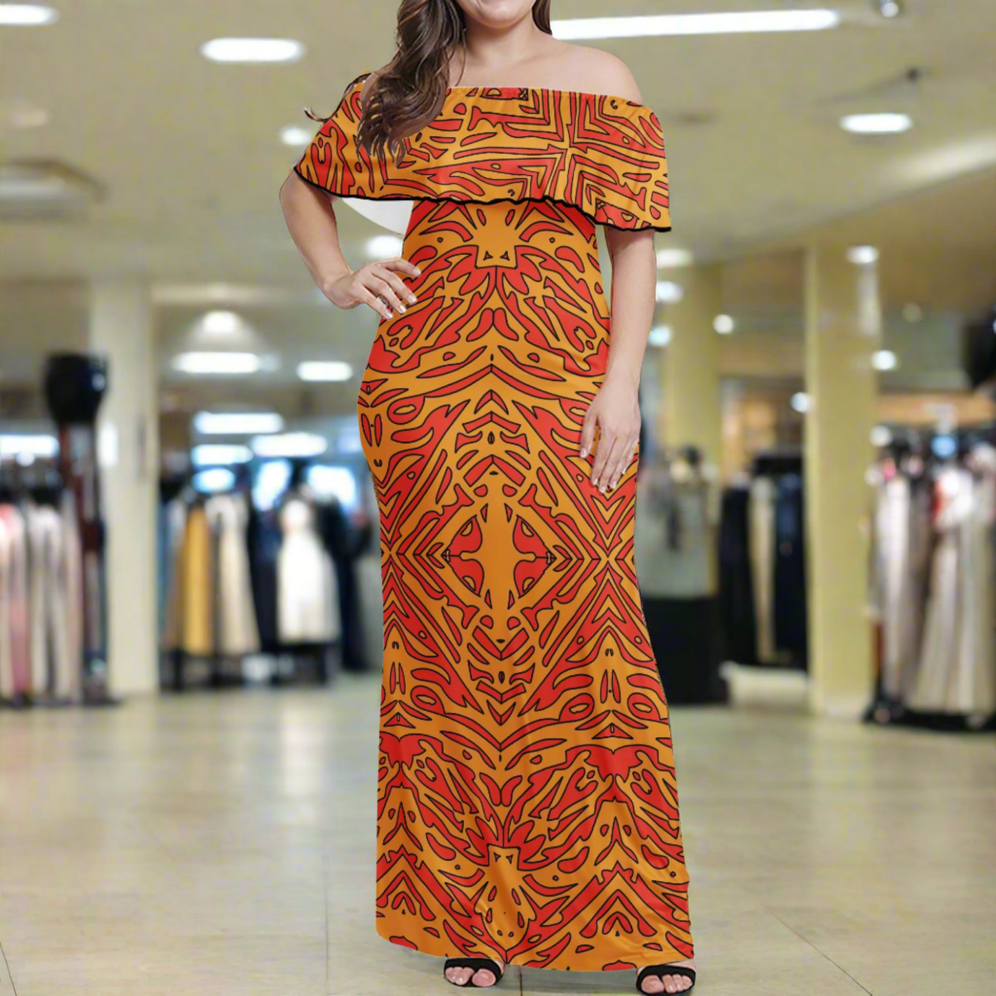 Orange Tribal Women Off Shoulder Maxi Dress - Sizes up to 7XL