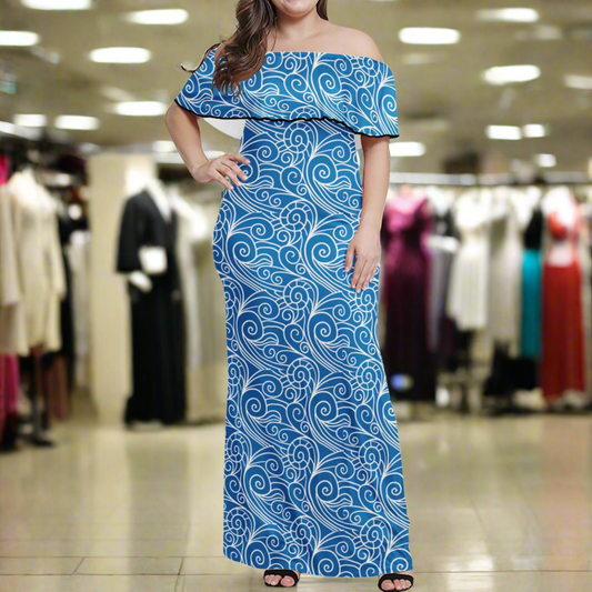 Chinese Blue Wave Women Off Shoulder Maxi Dress - Sizes up to 7XL