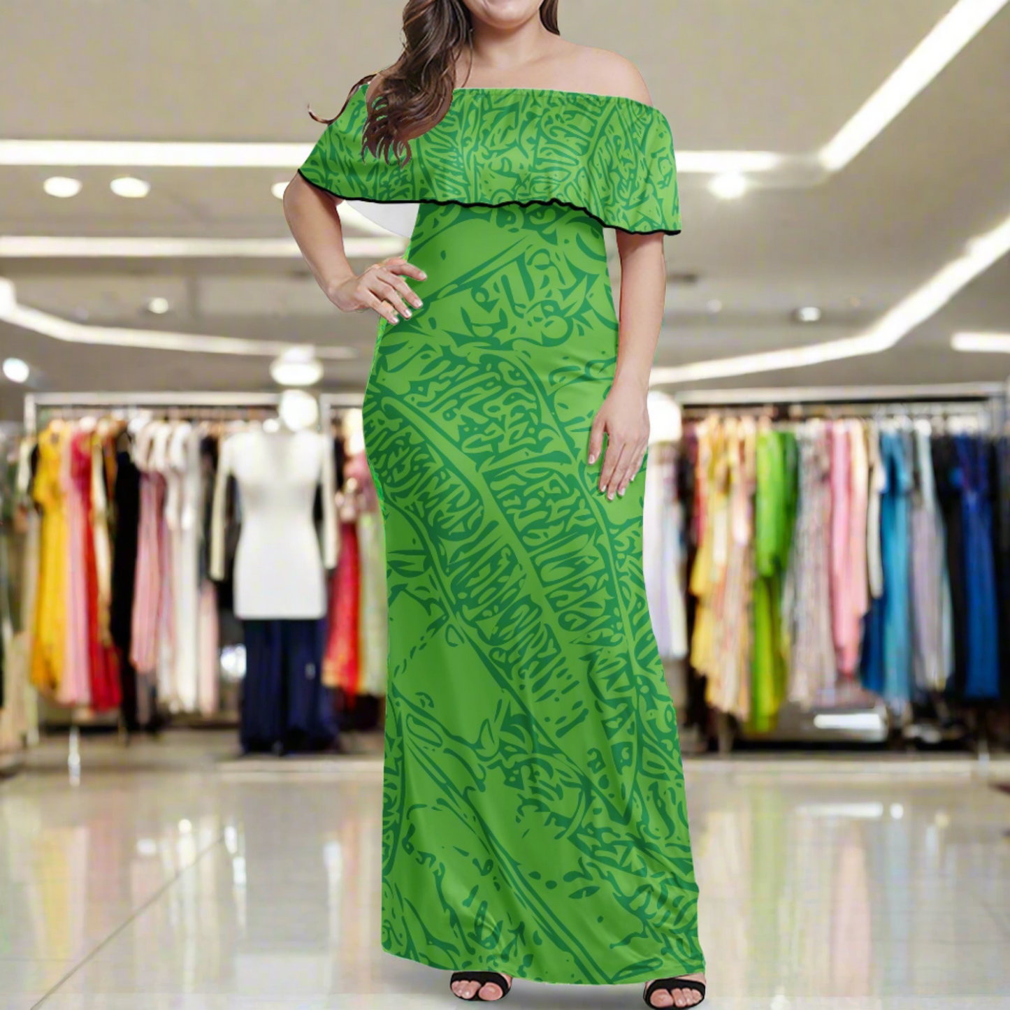 Green Croton Women Off Shoulder Maxi Dress - Sizes up to 7XL