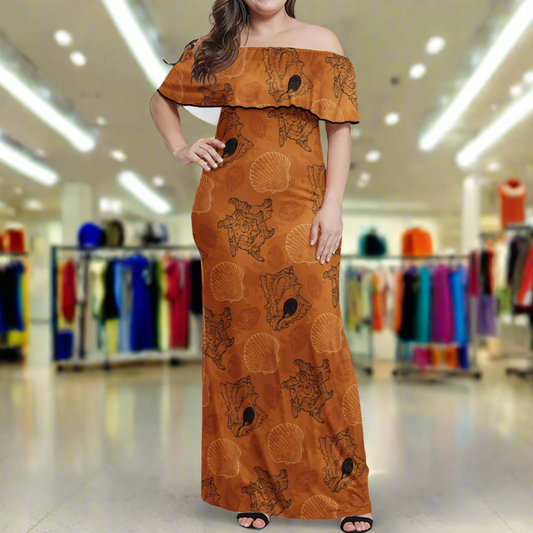 Orange Ocean Seashell Women Off Shoulder Maxi Dress - Sizes up to 7XL