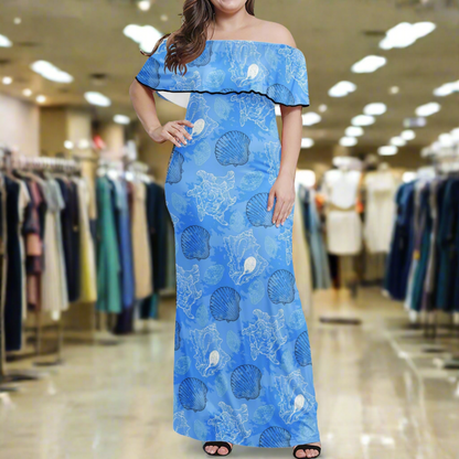 Blue Seashell Ocean Women Off Shoulder Maxi Dress - Sizes up to 7XL