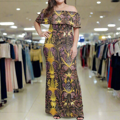 Hawaiian Golden Puakenikeni Women Off Shoulder Maxi Dress - Sizes up to 7XL