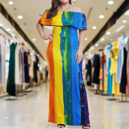 Handmade Boho Style Summer Maxi Dress for Women - Vibrant Rainbow Painting Off Shoulder Design - Party Bohemian Dress in Sizes up to 7XL