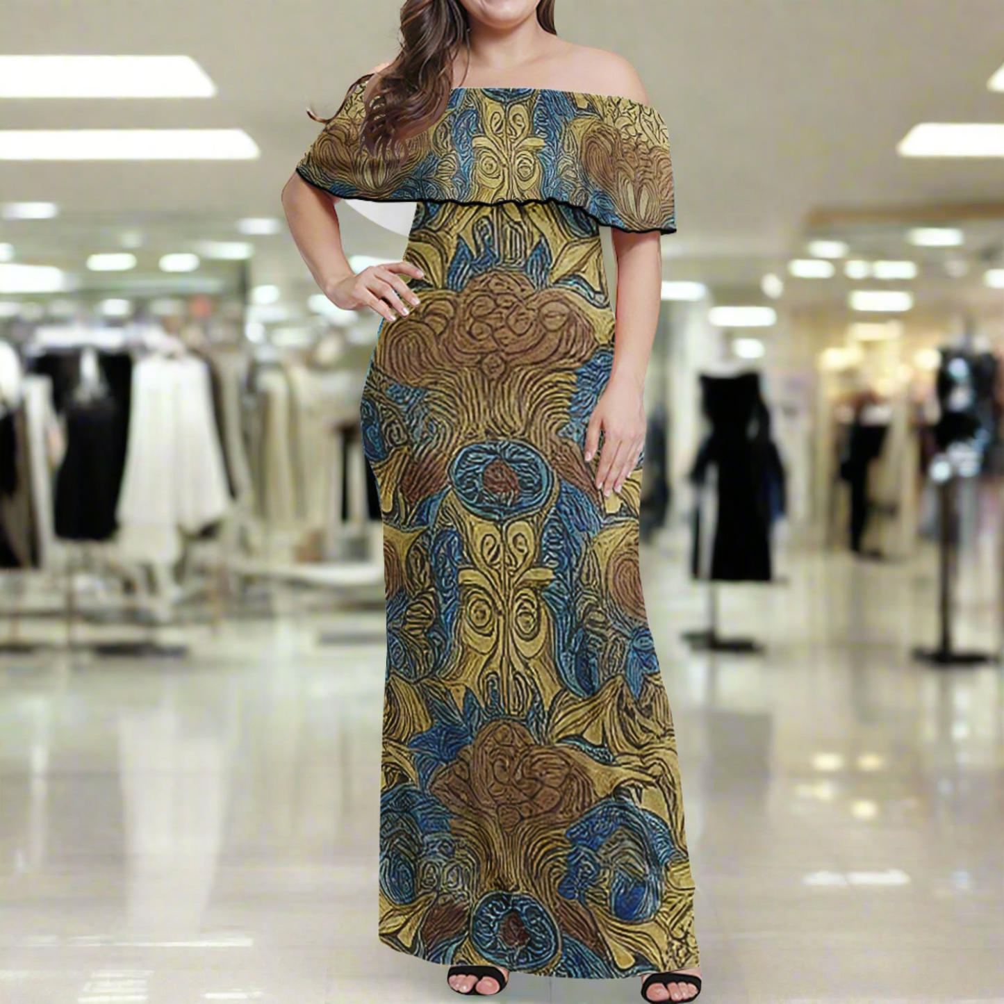 African Ethnic Blue Gold Brown Women Off Shoulder Maxi Dress