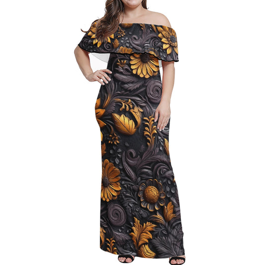 Gold Flowers Woodcut Women Off-shoulder Dress