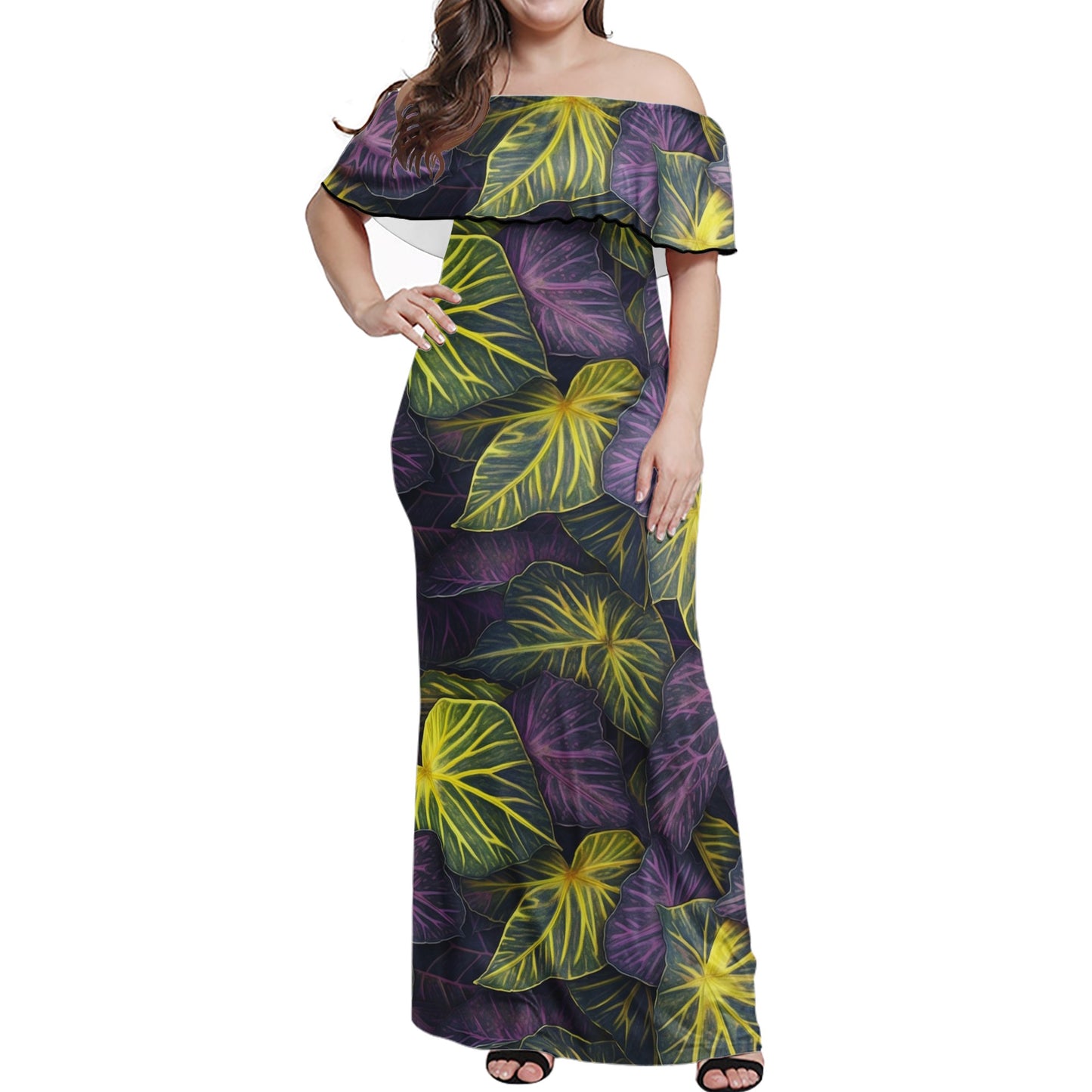 Luxtrini Iridescent Syngonium: Purple and Yellow Women Off-shoulder Dress