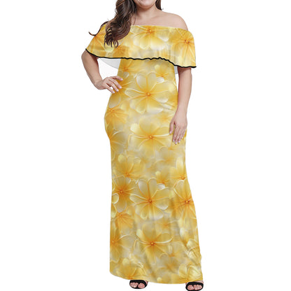 Yellow Plumeria Women Off-shoulder Dress
