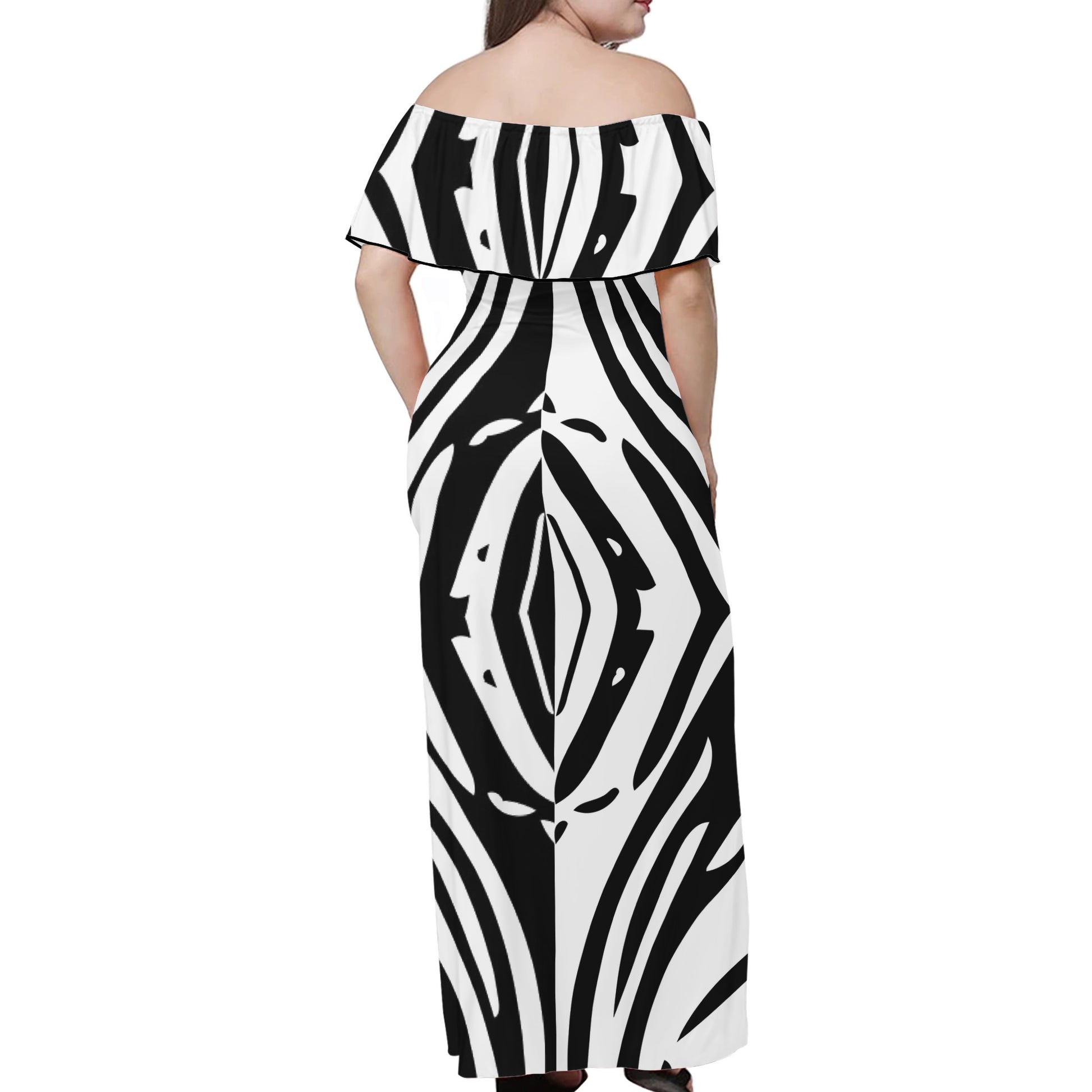 Black and White Contrast Women Off-shoulder Dress