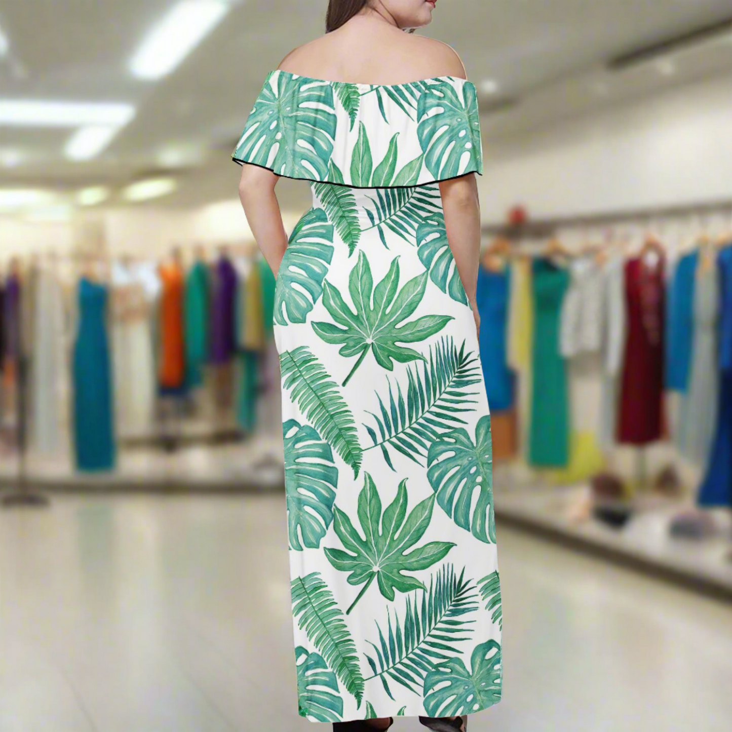 Palm and Monstera Leaf Green Women Off Shoulder Maxi Dress - Sizes up to 7XL