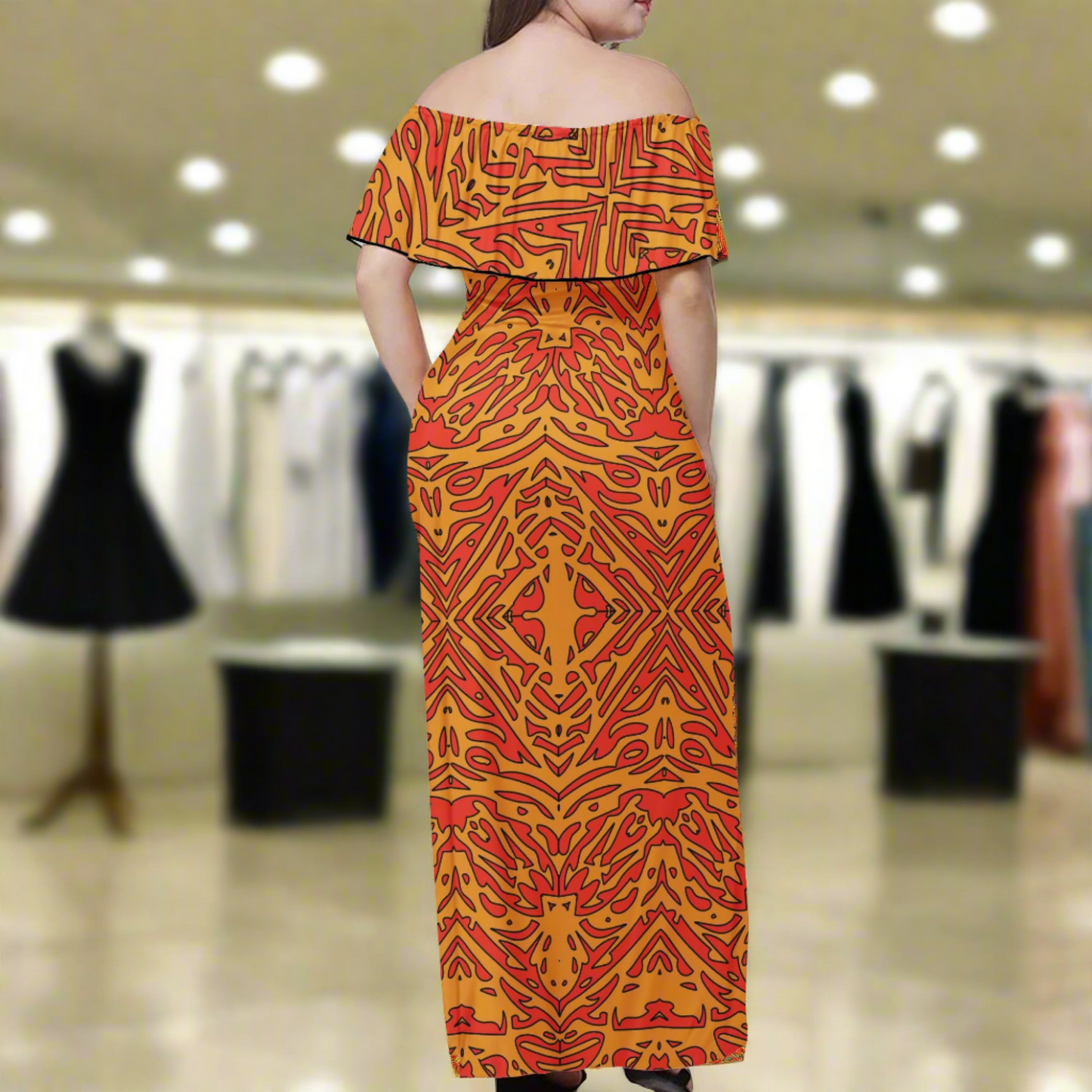 Orange Tribal Women Off Shoulder Maxi Dress - Sizes up to 7XL