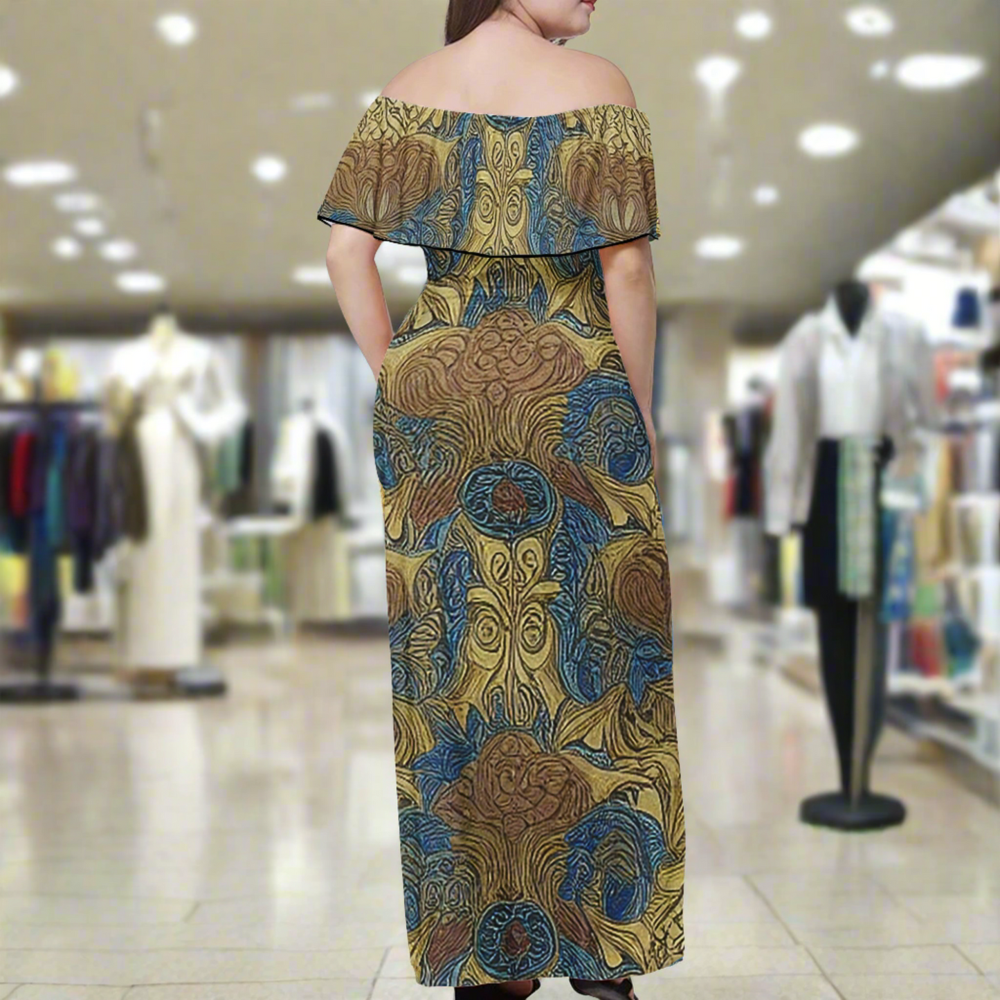 African Ethnic Blue Gold Brown Women Off Shoulder Maxi Dress