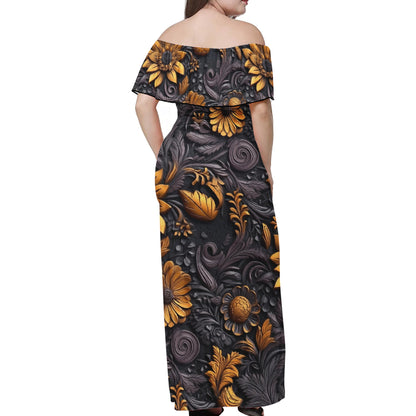 Gold Flowers Woodcut Women Off-shoulder Dress