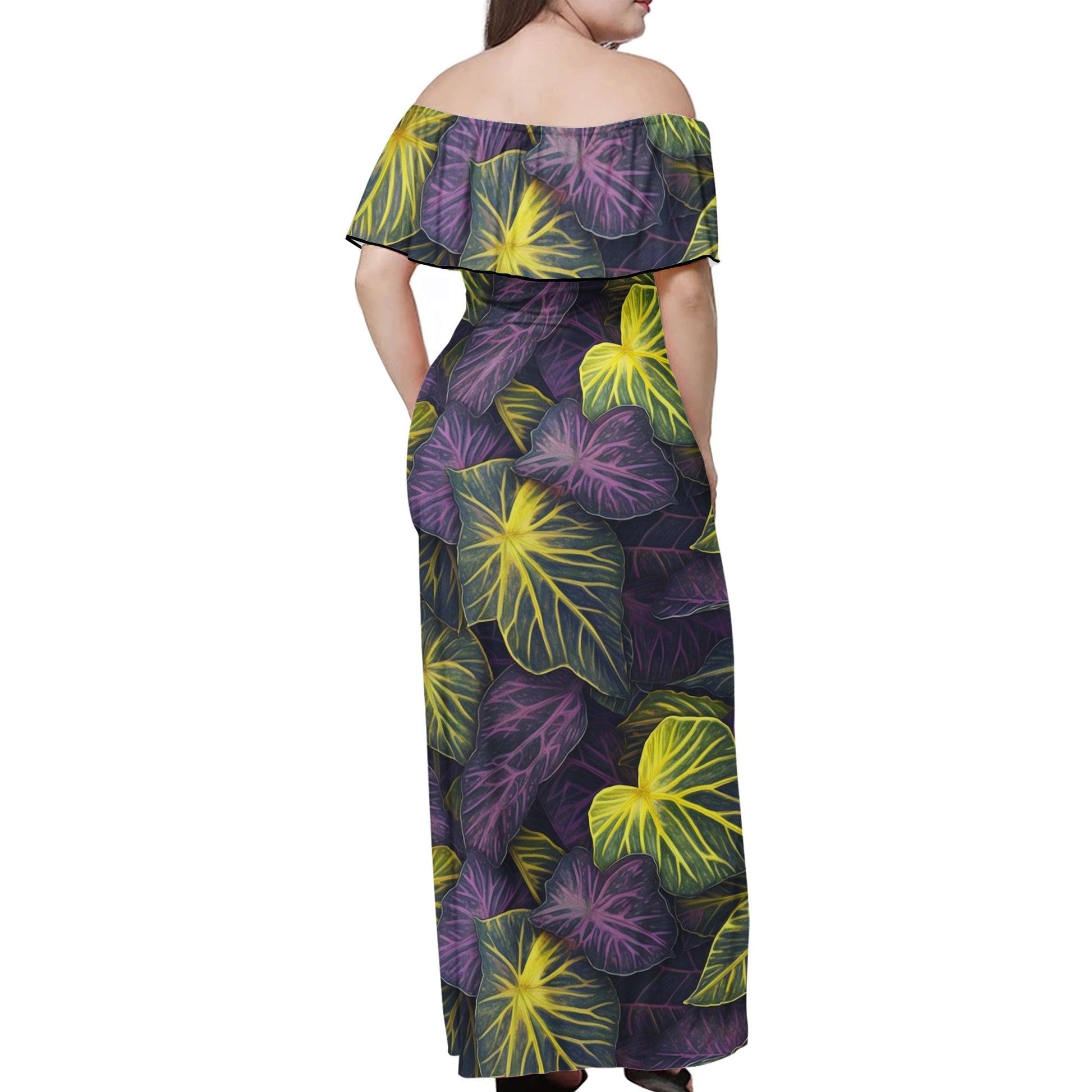 Luxtrini Iridescent Syngonium: Purple and Yellow Women Off-shoulder Dress