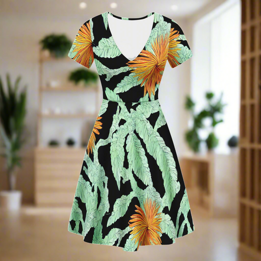 Palm Fronds V-Neck Women Ruffle Bottom Dress