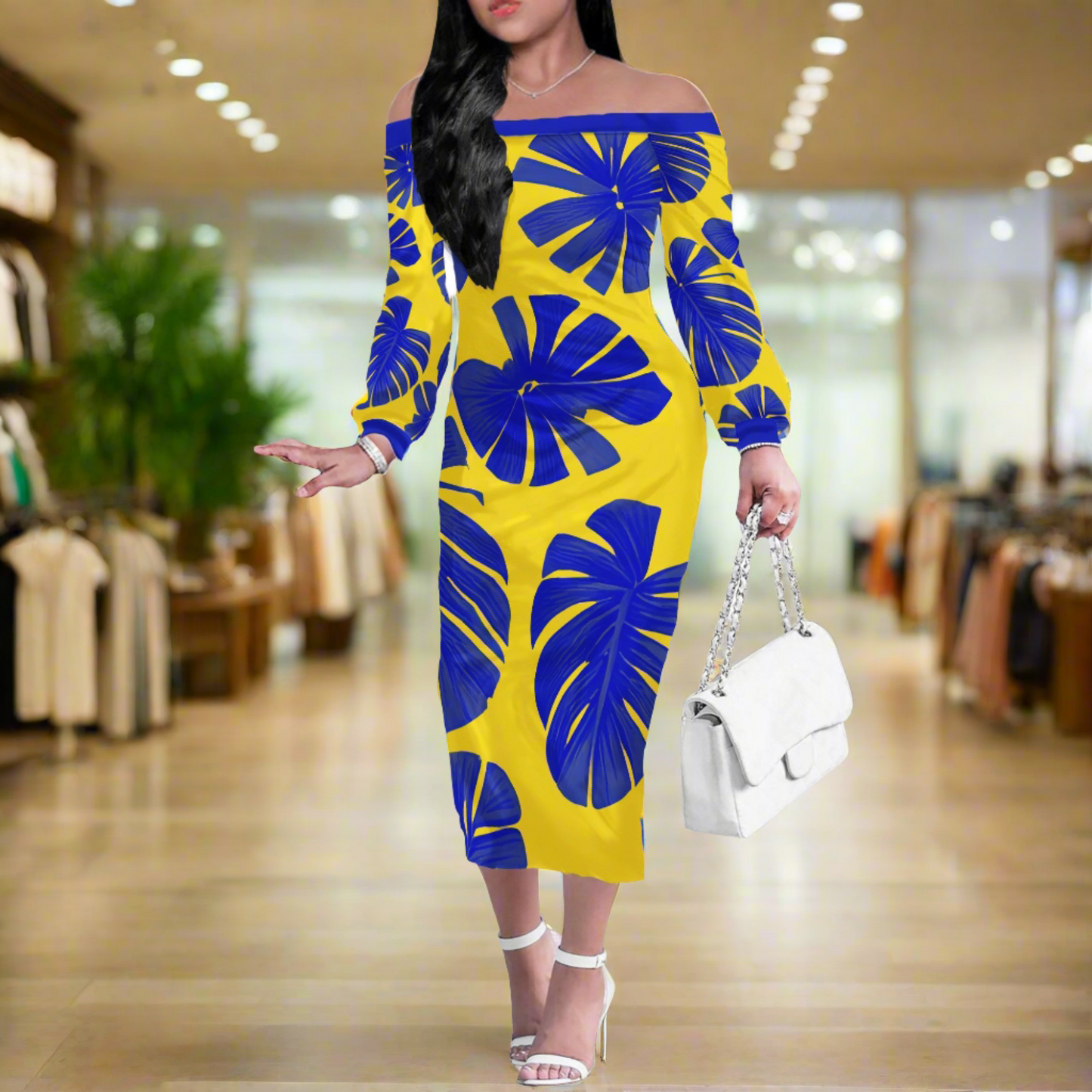 Blue Monstera on Yellow Women Long Sleeve Off Shoulder Midi Dress