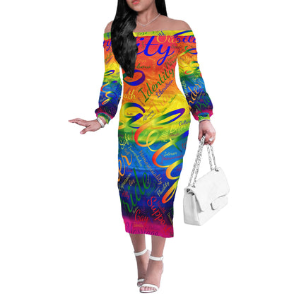 LGBTQ Word Cloud Women's Long Sleeve Off-Shoulder Dress - Empowering, Stylish, Perfect for All Occasions
