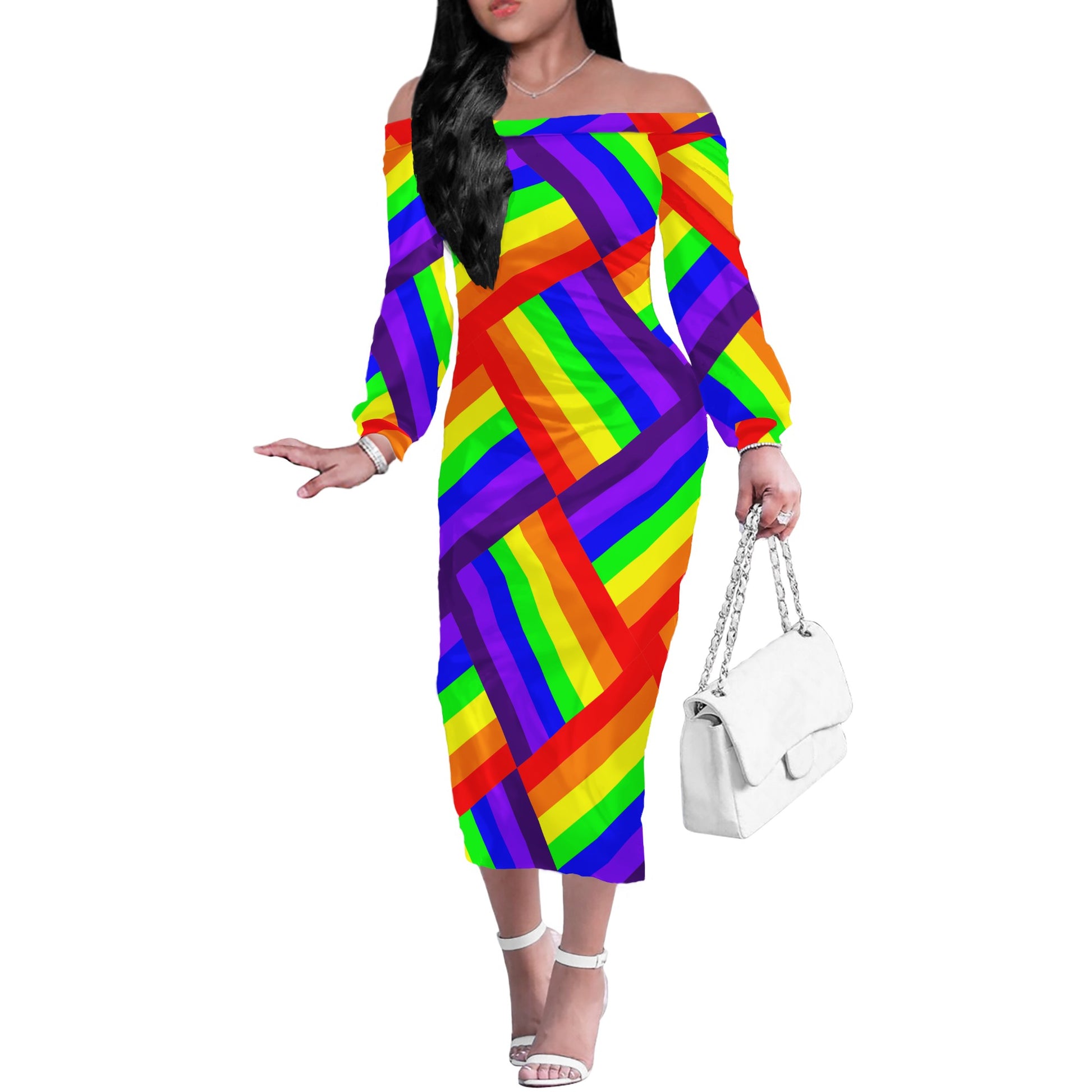 Rainbow Weave Women Long Sleeve Off-shoulder Dress