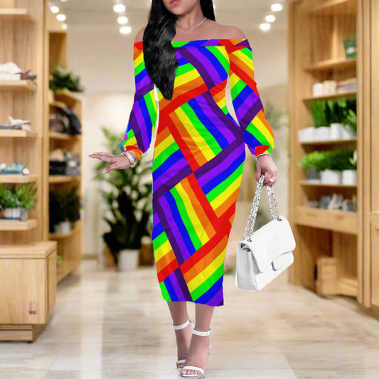 Rainbow Weave Women Long Sleeve Off-shoulder Dress