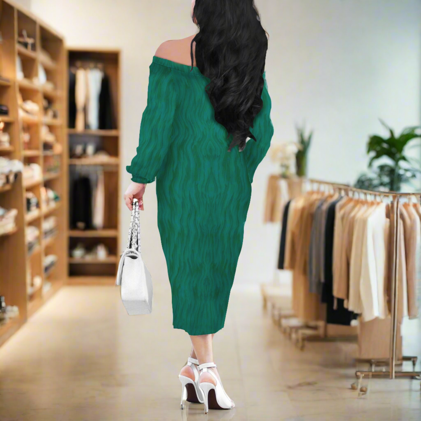 Decorative Green Women Long Sleeve Off Shoulder Midi Dress