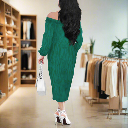 Decorative Green Women Long Sleeve Off Shoulder Midi Dress