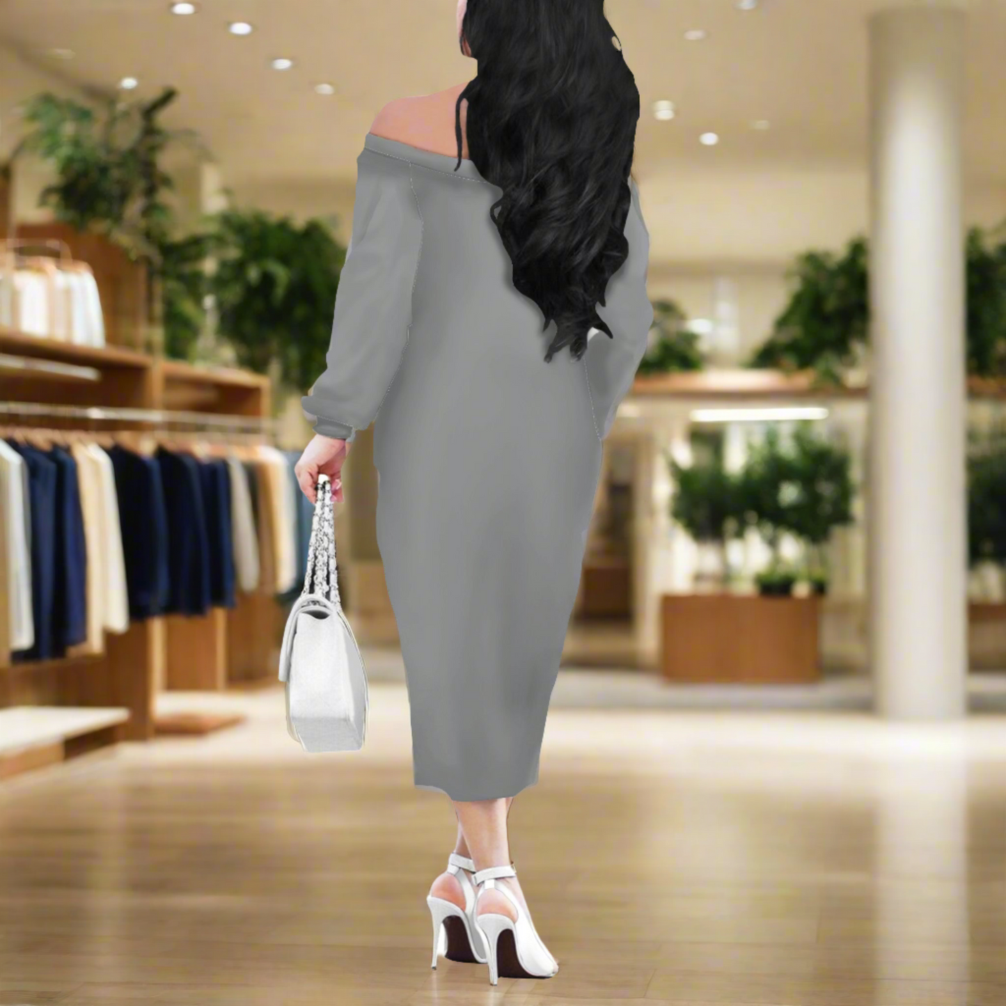 Silver Gray Women Long Sleeve Off Shoulder Midi Dress