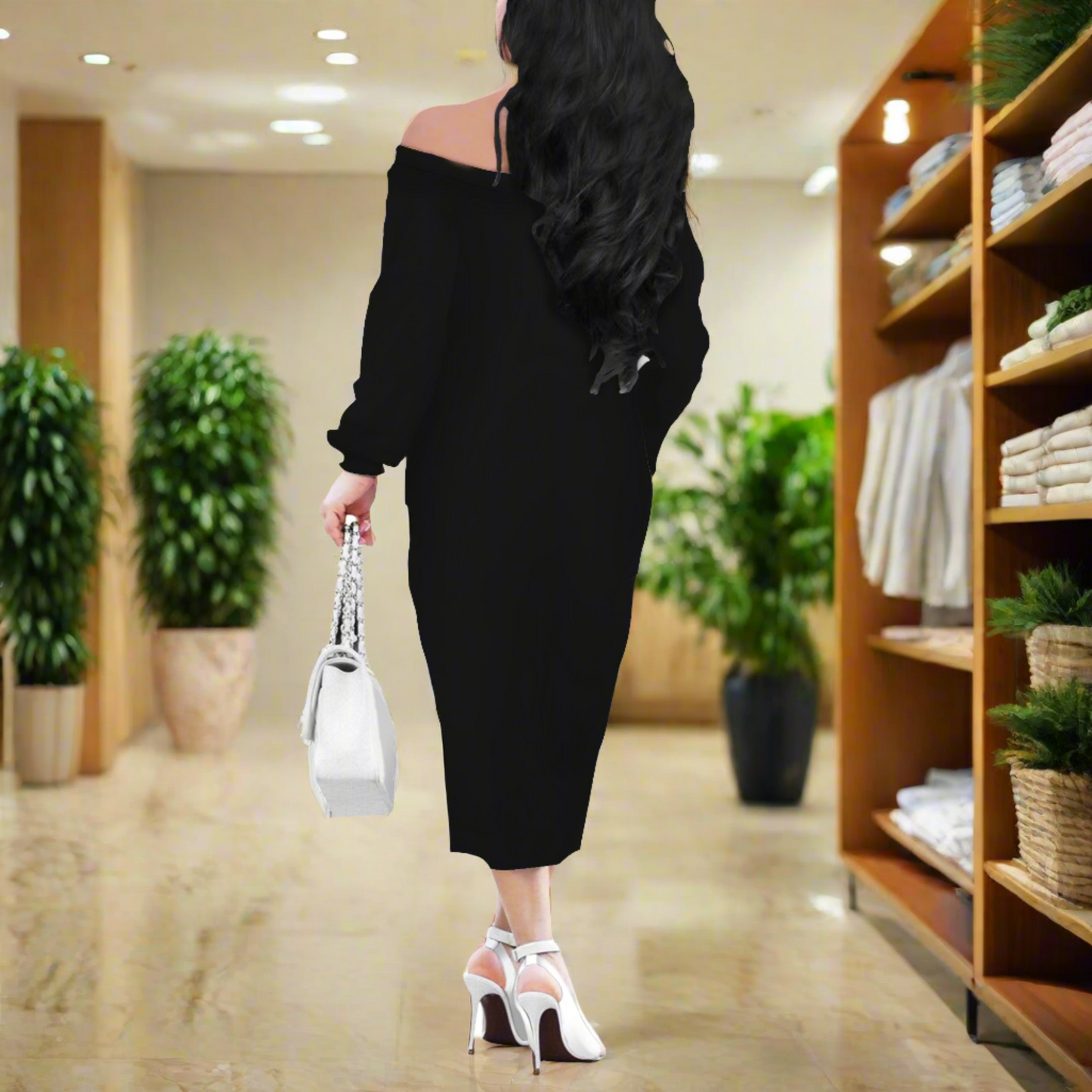 Black Women Long Sleeve Off Shoulder Midi Dress