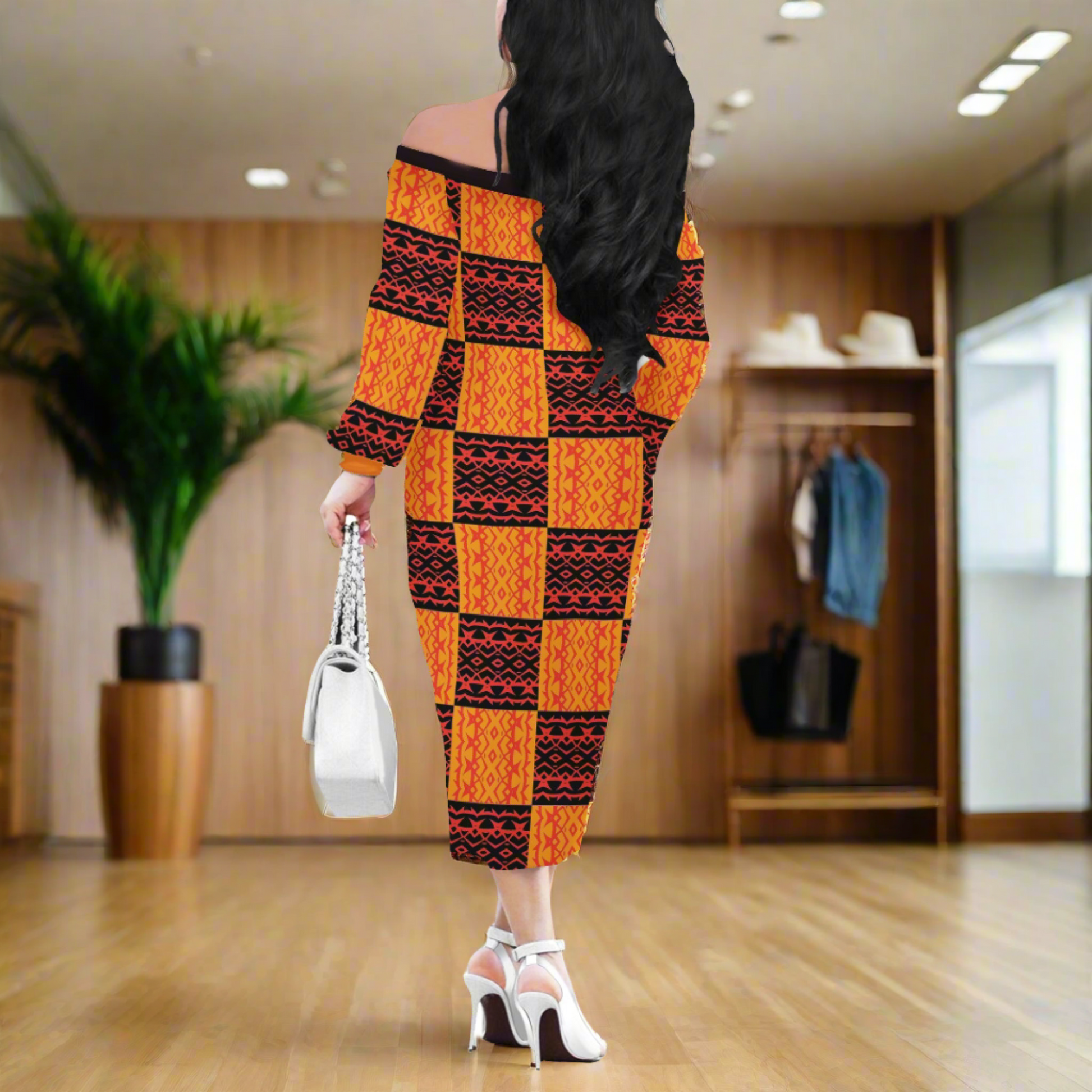 Black and Orange Tribal Design Women's Long Sleeve Off Shoulder Midi Dress - Customizable, Perfect for Any Occasion