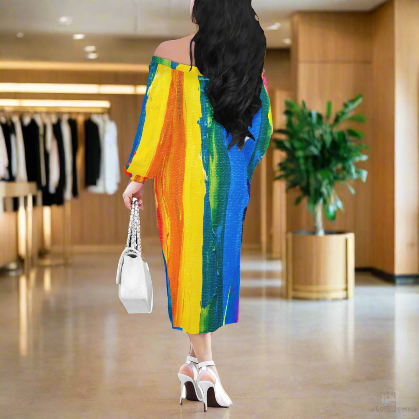 Rainbow Painting Women Long Sleeve Off Shoulder Midi Dress