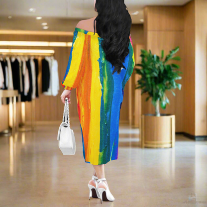 Rainbow Painting Women Long Sleeve Off Shoulder Midi Dress