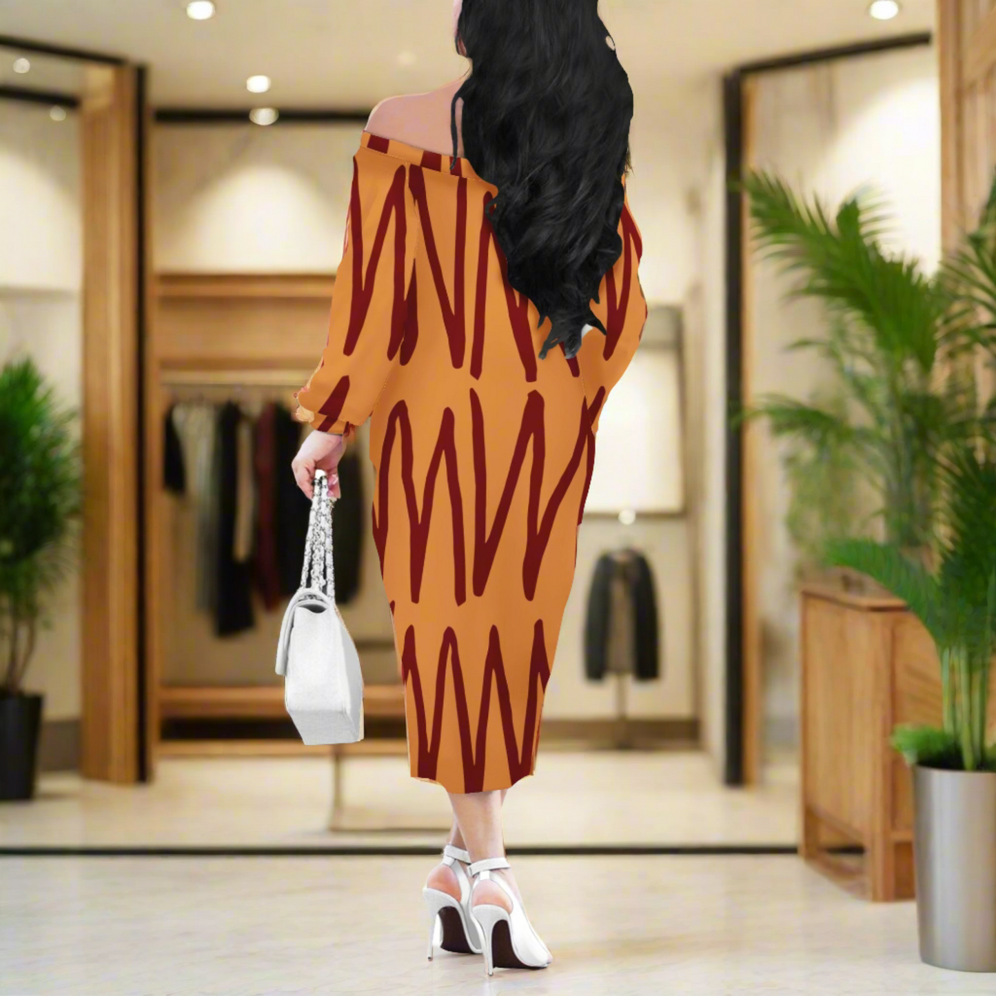 African Ethnic Mudcloth Orange Women Long Sleeve Off Shoulder Midi Dress