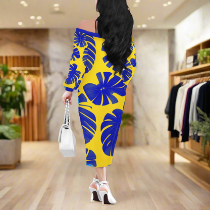 Blue Monstera on Yellow Women Long Sleeve Off Shoulder Midi Dress