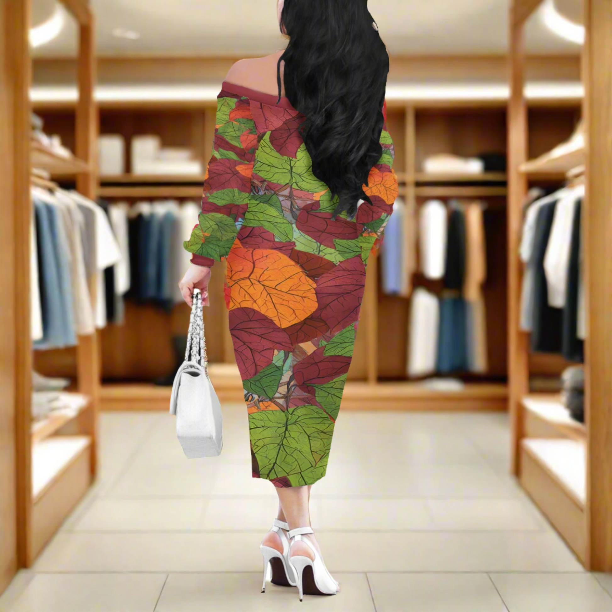 Autumn Leaves Women Long Sleeve Off Shoulder Midi Dress Sizes up to 4XL